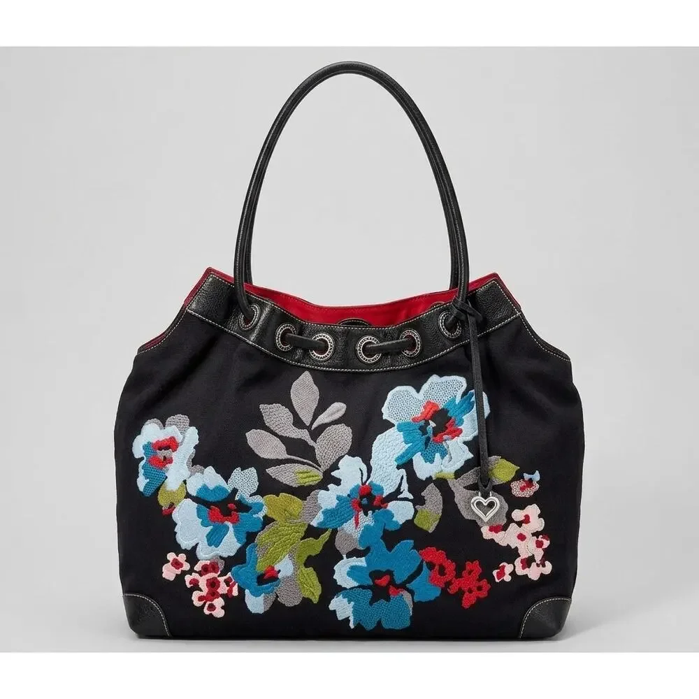 Brighton Handbag Black Canvas Floral Embroidered Leather Shoulder Strap boho